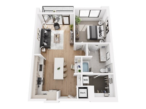 a stylized floor plan with a bedroom and a living room